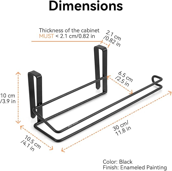 T.R.Sani. Black Paper Towel Holder Under Cabinet, Over The Cabinet Door Paper Towel Holder，Hanging Paper Towel Holders for Cabinets Under 0.82" - Stainless Steel