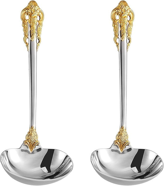 KEAWELL Premium 7.5 inch Luxury Gravy Ladle, 18/10 Stainless Steel, Small Gravy Spoon for Home. Solid and Sturdy, Dishwasher Safe. (2, Gold Accent)