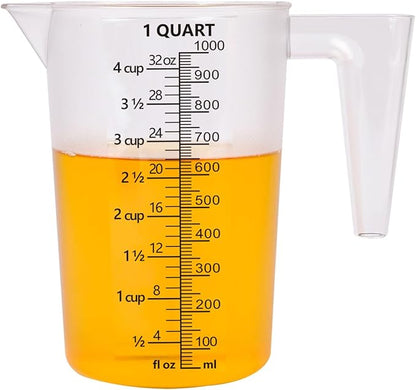 Food-Grade Plastic Measuring Pitcher – 32 Ounce & 4 Cups Measuring Cups with Handle for Liquid, Motor Oil, Pool & Lawn Chemicals, Dilution, Soap Mixing, Brewing, Commercial & Kitchen Use(1000ml)