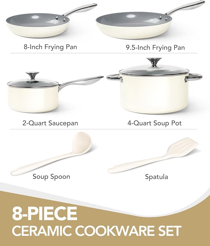 MICHELANGELO Pots and Pans Set Non Stick - Titanium Cookware Set Non Toxic Ceramic Coating, 8-Pcs Nonstick Pots and Pans with Ergonomic Handle, Dishwasher Safe & Induction Compatible, Cream - Image 7