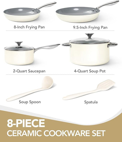MICHELANGELO Pots and Pans Set Non Stick - Titanium Cookware Set Non Toxic Ceramic Coating, 8-Pcs Nonstick Pots and Pans with Ergonomic Handle, Dishwasher Safe & Induction Compatible, Cream - Image 7