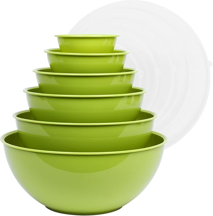BoxedHome BPA Free Plastic Round Mixing Bowl with Lids, 12 Pack Nesting Bowls with Lids Set, Microwave and Dishwasher Safe Prep & Serving Bowls Great for Mixing, Baking, Serving (Light Green, 12pcs) by BoxedHomeProducts