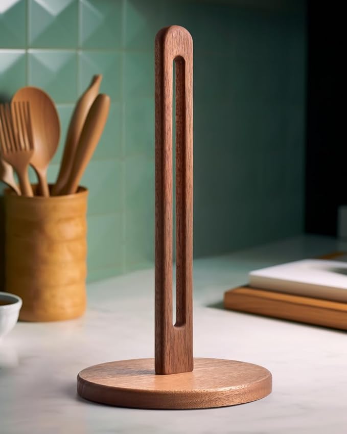 KitchLife Acacia Wooden Paper Towel Holder Countertop, 6.5" Jumbo Base, Fits Jumbo Rolls, Large Freestanding Dark Wood Paper Towel Stand Upgraded Dispenser Organizer with Non-Slip Base by OverDoorHooksKitchenSupplies