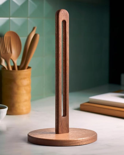 KitchLife Acacia Wooden Paper Towel Holder Countertop, 6.5" Jumbo Base, Fits Jumbo Rolls, Large Freestanding Dark Wood Paper Towel Stand Upgraded Dispenser Organizer with Non-Slip Base by OverDoorHooksKitchenSupplies