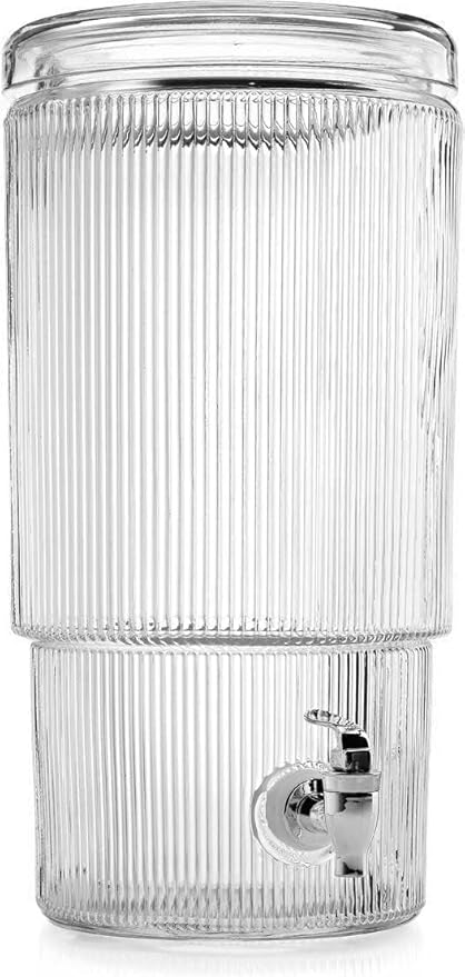 Glass Beverage Dispenser, Clear, 2.75 Gallon Capacity with Leakproof Spigot, Ribbed Design, Glass Lid for Parties and Daily Use, 8x7x14 Inches