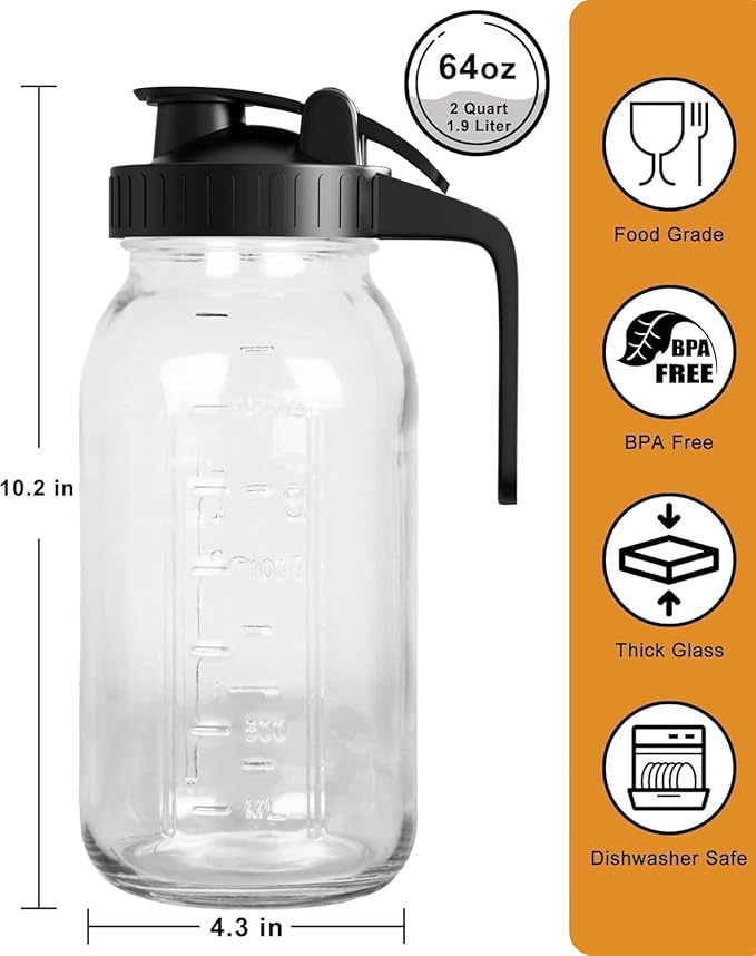 Mason Jar Pitcher Set of 2-64oz (2 Quart) Airtight & Leakproof Glass Pitcher with Lid, Perfect for Storing Breastmilk, Cold Brew, Sun Tea, with Easy-Pour Spout Lid - Image 2