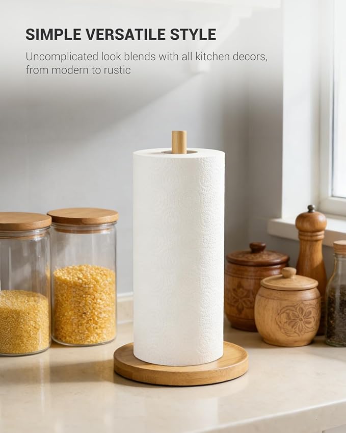 NESAPTO Paper Towel Holder Countertop, Wooden Freestanding Paper Towel Stand for Modern Farmhouse & Cottagecore Decor, Kitchen Bathroom Essential, Bamboo - Image 2