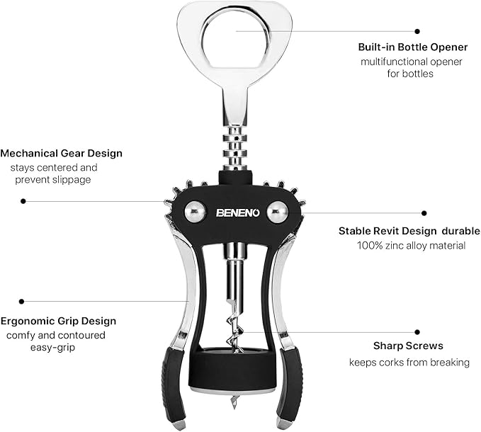 Beneno Wine Opener with Stainless Steel Wine Foil Cutter - Bottle Top Seal Cutter, Zinc Alloy Premium Wing Corkscrew with Multifunctional Bottles Opener, Midnight Black - Image 2