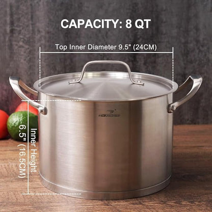 HOMI CHEF HEAVY ECOLOGICAL NICKEL FREE Stainless Steel Stock Pot 8QT with Lid (No Toxic Non Stick Coating, 5.1LBS) - Induction Pot 8 Quart Matte Polished Cooking Pot