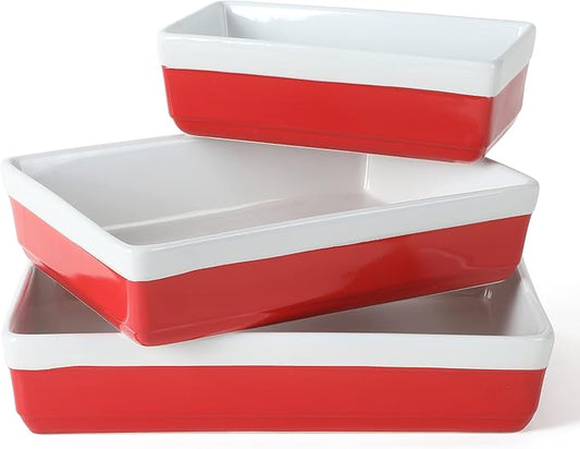 MARTHA STEWART 3-Piece Oven to Table Stoneware Bakeware Set – Baking Dish & Casserole Set – Red – Durable Oven-Safe Bakeware for Baking and Serving by MarthaStewart