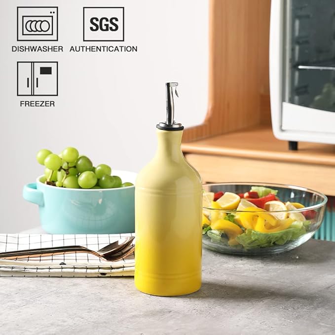 Sweejar Ceramic Olive Oil Dispenser Bottle, Opaque Oil Cruet Protects to Reduce Oxidation, Suitable for Storage Vinegar, Coffee Syrups & Other Liquids, Pack of 1, 15.5 Fl Oz(Gradient Yellow) - Image 2