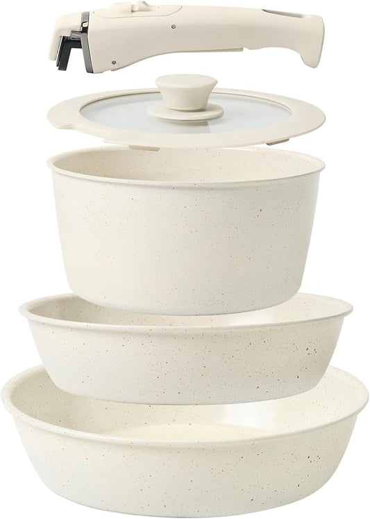 Pots and Pans Set Non Stick, Ceramic Cookware Set Nonstick Frying Pans 5 Pcs-Non Toxic PFAS/PFOA/PTFE Free, with Detachable Handle for RV Kitchen, Induction & Dishwasher Safe Cream White by HealthyCookingHappyLiving