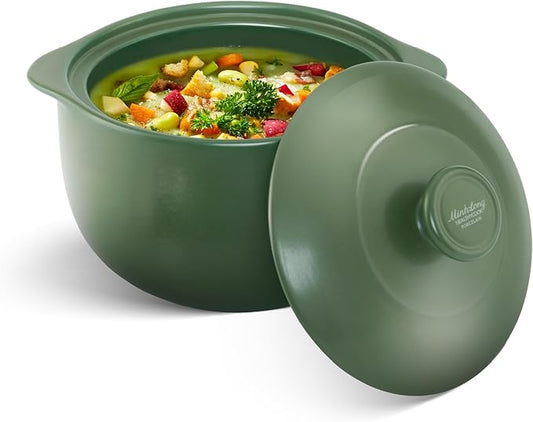 MINH LONG 1-Qt Porcelain Dutch Oven with Lid – Lead & Cadmium Free, Oven Safe to 482°F, Heat Retention, Clay Pot for Cooking on Gas & Infrared Cooktop, Use to Marinate, Cook, Bake, Refrigerate & Serve