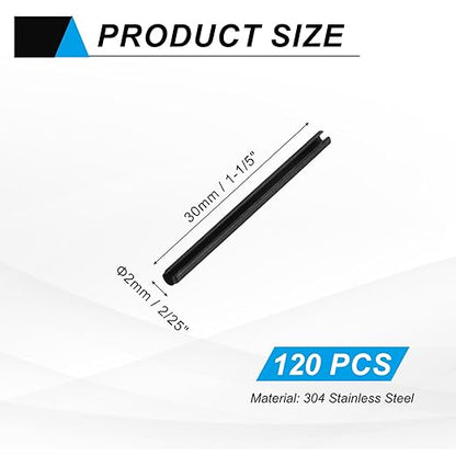 MECCANIXITY 120Pcs Slotted Split Roll Pins 2/25 Inch(2mm) Dia. 1-1/5 Inch(30mm) Length Steel Spring Tension Expansion Dowels for Secure Fastening, Black
