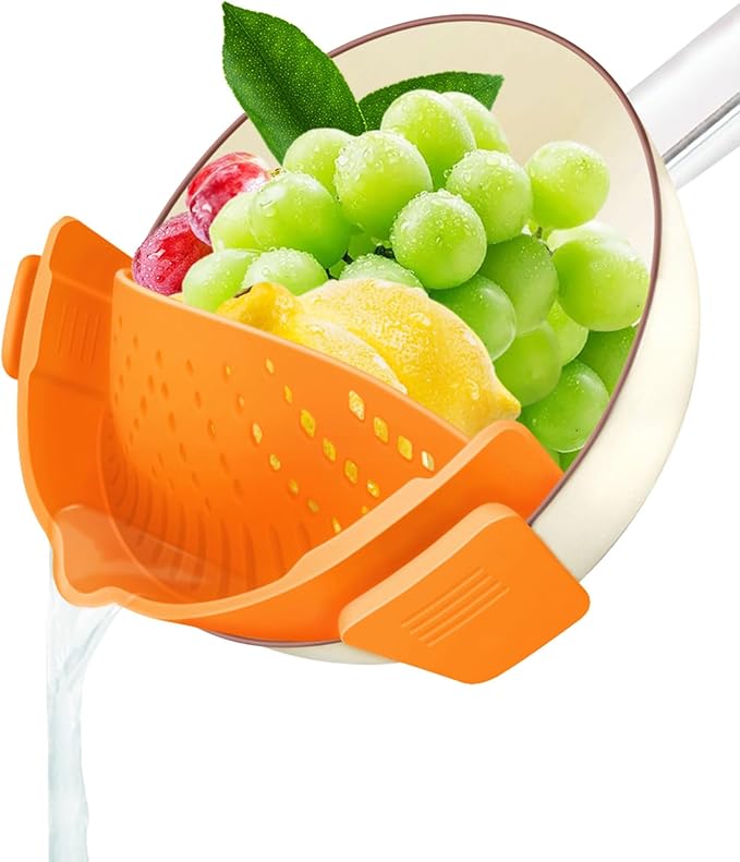 YEVIOR Clip on Strainer for Pots Pan Pasta,Silicone Food Strainer Hands-Free Pan Strainer, Clip-on Kitchen Food Strainer for Spaghetti, Pasta, Ground Beef Fits All Bowls and Pots (Orange) by YEVIOR