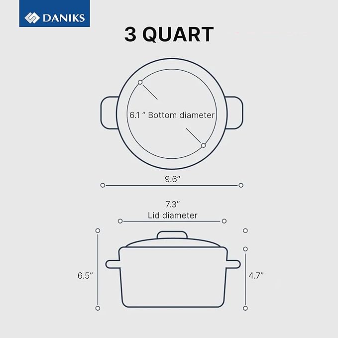 Daniks Standard 3 Quart Stainless Steel Stock Pot with Glass Lid, Tri-Ply Bottom for Even Heating, Induction Compatible, Dishwasher Safe, Built-In Measuring Scale, Silver