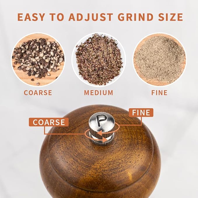 XWXO Wood Salt and Pepper Grinder Set, Salt Mill Pepper Grinder Set, Pepper Mill, Salt Shakers with Adjustable Ceramic Rotor- Oak Wood Pepper Grinder for Your Kitchen 8 inches - Pack of 2 - Image 4