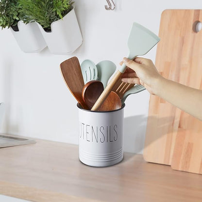 Bivvclaz Kitchen Utensil Holder, 6.7" Utensil Holder for Kitchen Counter, Cooking Utensil Crock with Cork Bottom, Modern Farmhouse Decor, Countertop Utensil Storage Caddy Organizer, White - Image 7