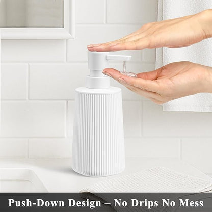 White 2 Pack Hand Soap Dispensers Set with No Rust Pump for Bathroom and Kitchen Countertops Refillable Matte Striped Plastic 8.5 oz