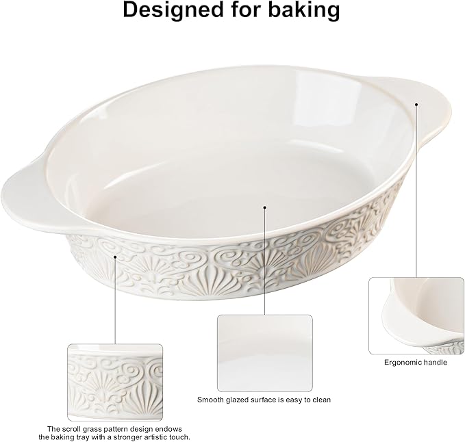 Dafuceramic Casserole Dishes for Oven Sets of 3, Ceramic Oval Baking Dish, Au Gratin Baking Pans with Handles for Roasting, Lasagna, Pie, Baking Meat & Vegetables (Beige White) - Image 5