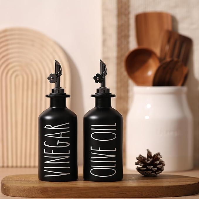 HOMCDALY Premium Olive Oil Dispenser for Kitchen, 11.8oz Glass Oil Bottles with Bamboo Tray, Black Oil&Vinegar Cruet Set, Kitchen Dispenser Bottles with Pourer | Set of 2 (11.8oz –P–Black) - Image 6