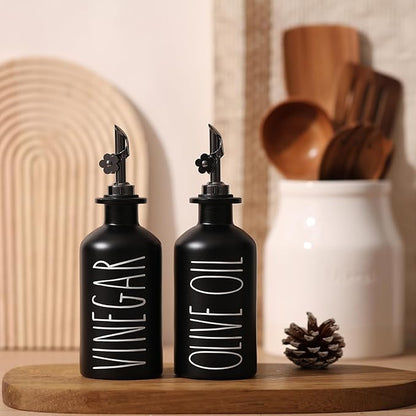 HOMCDALY Premium Olive Oil Dispenser for Kitchen, 11.8oz Glass Oil Bottles with Bamboo Tray, Black Oil&Vinegar Cruet Set, Kitchen Dispenser Bottles with Pourer | Set of 2 (11.8oz –P–Black) - Image 6