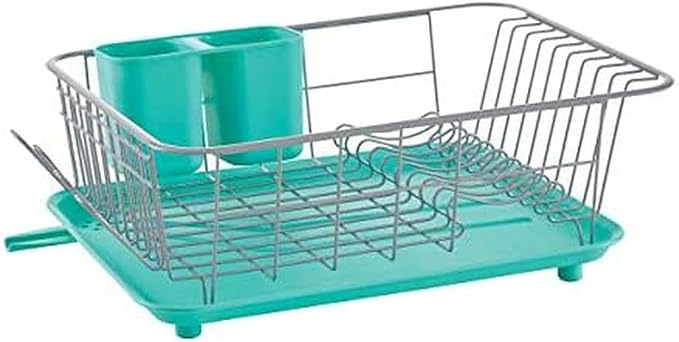 Farberware Compact Dish Drying Rack with Frost Sink Brush, Removable Drainboard and Flatware Caddy, Holds 9 Plates - Teal, Rust-Resistant for Small Kitchens by Farberware