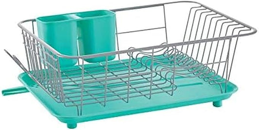 Farberware Compact Dish Drying Rack with Frost Sink Brush, Removable Drainboard and Flatware Caddy, Holds 9 Plates - Teal, Rust-Resistant for Small Kitchens by Farberware