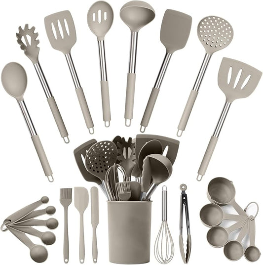 Silicone Kitchen Utensils Set 24 Pieces 450 °F Heat Resistant - Khaki Cooking Utensils-Set for Nonstick Cookware - Silicone Spatulas Set, Stainless Steel Handle & Other Kitchen accessories