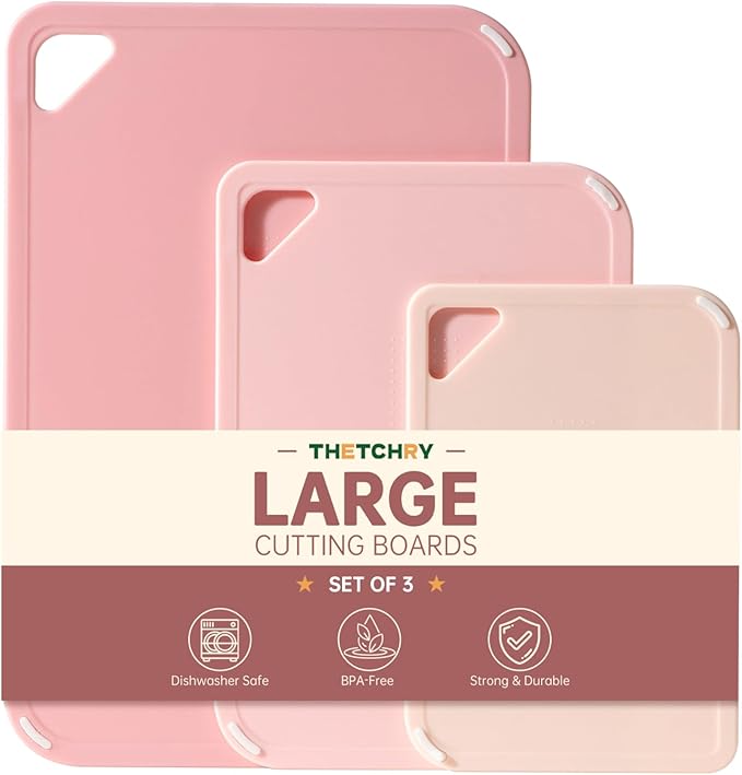 THETCHRY Plastic Cutting Board Set, Pink Cutting Board with Non-slip, Cutting Board for Kitchen Set of 3, Dishwasher Safe, BPA Free, Reversible, with Grip Handle, Pink by Thetchry