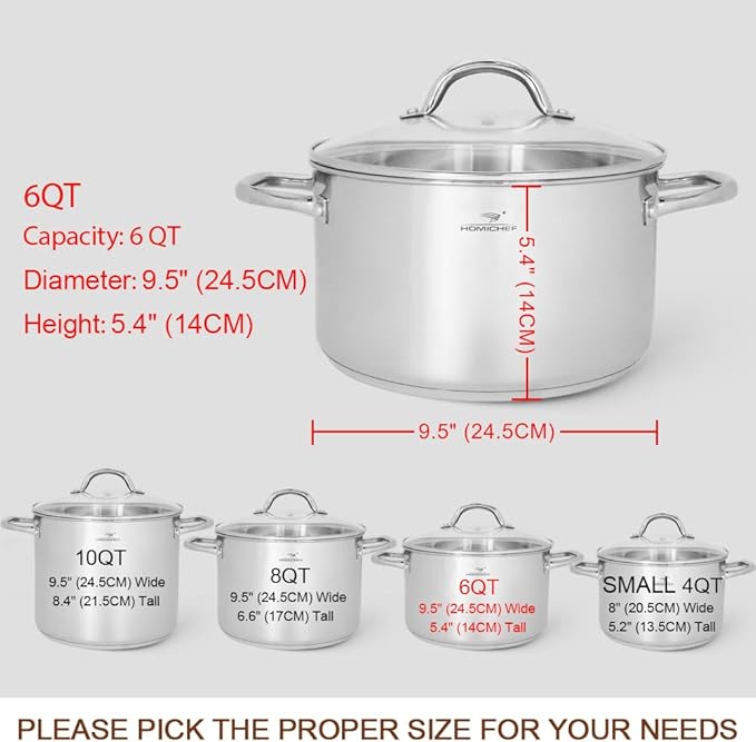 HOMICHEF Stock Pot 6 Quart Nickel Free Stainless Steel - 6 Qt Soup Pot With Lid and Handle - Small Cooking Pot 6 Quart - Ideal for Soup, Sauce, and Induction Cooking - Image 4