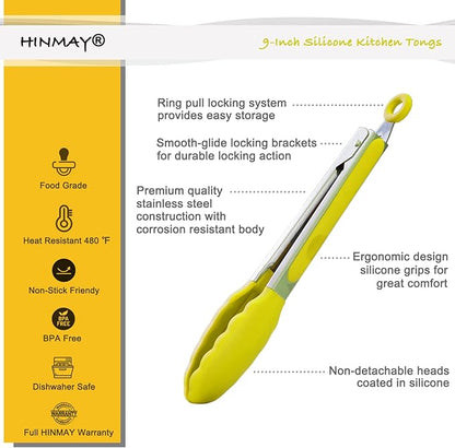 HINMAY Silicone Tipped Tongs 9-Inch Kitchen Cooking Tongs, Set of 3 (Yellow)