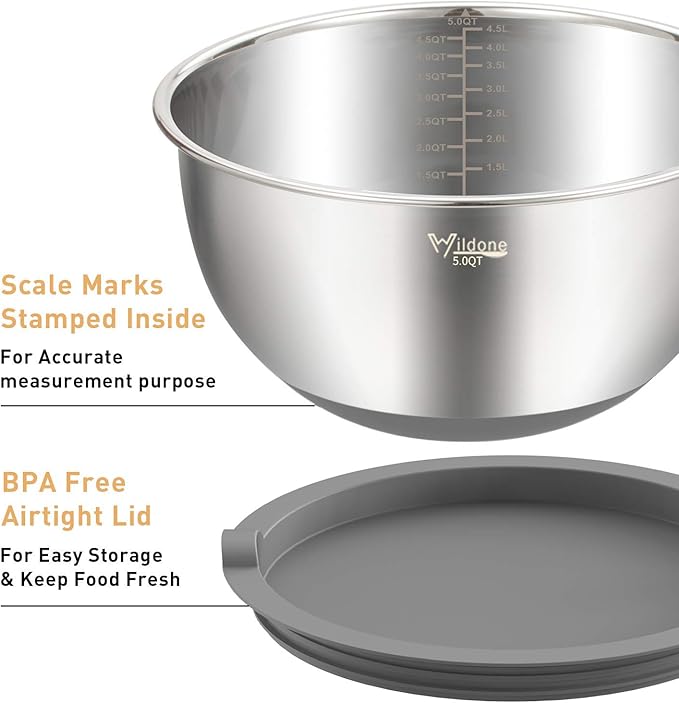 Wildone Mixing Bowls with Airtight Lids Set, 5PCS Stainless Steel Nesting Bowls Set for Kitchen, with Grater Attachments & Non-Slip Bottoms, Size 5, 3, 2, 1.5, 0.63 QT, Great for Baking & Serving - Image 2