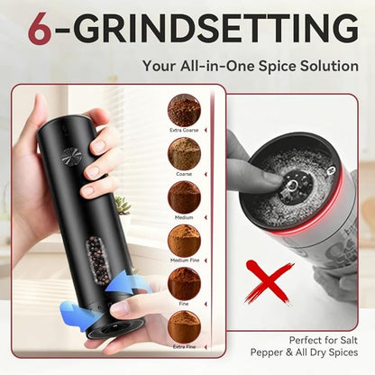 Electric Salt and Pepper Grinder Set with Dual Charging Base, Rechargeable Automatic Pepper Mill, 110ml Large Capacity, Adjustable Coarseness, One-Handed Operation for Kitchen, BBQ, Gift