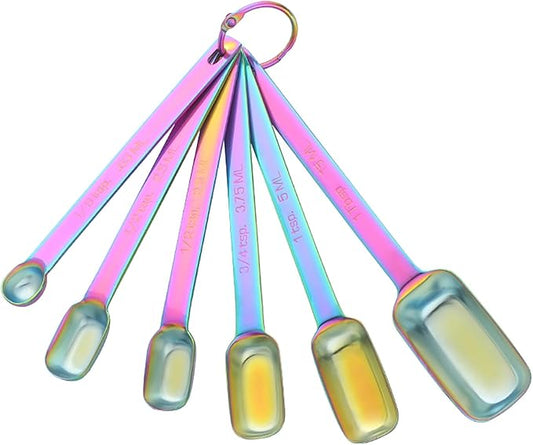 DOCBLACK 6PCS Measuring Spoons Set, Premium Heavy Duty Stainless Steel Metal Kitchen Measuring Tools Set, for Cooking Baking, for Dry or Liquid, Fits in Spice Jar - Rainbow