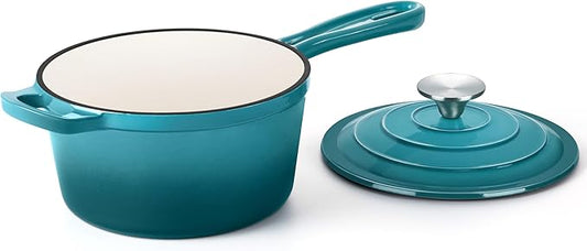 HaSteeL 3 QT Cast Iron Saucepan, Enamel dutch oven with lid, Small Non Stick Pan for Milk, Pasta Tomato Sauce, Butter, Breakfast, Soup, Suitable for Boiling Stewing Frying, Easy to Clean, Green