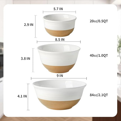 HASENSE Ceramic Mixing Bowls, Large Serving Salad Pasta Bowls Set, 2.1/1.0/0.5 Qt for Entertaining, White Nesting Batter Bowls for Prepping Baking, Dishwasher Microwave Safe, Set of 3 - Image 3