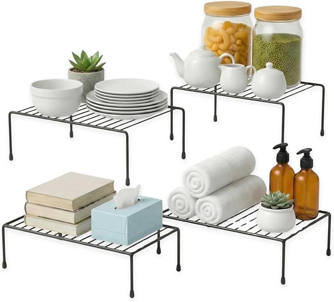 Evelots Kitchen Cabinet Wire Shelf Organizer/Rack - 4 Pack Sturdy Large Metal Shelf Risers - Double Your Counter Space - Great for Kitchen, Freezer, Pantry and Bathroom - Rustproof - Black by Evelots