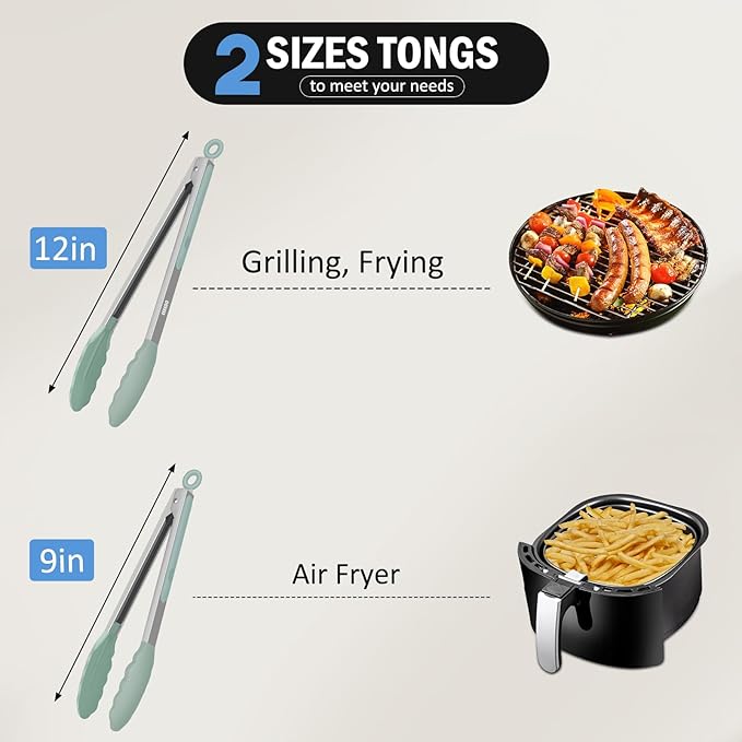 Tongs for Cooking, 600ºF High Heat-Resistant Stainless Steel Kitchen Tongs with Silicone Tips, Non Scratch, Locking Tong for BBQ Grilling Air Fryer Food Salads, Set of 2 (9" and 12") Sage Green - Image 7