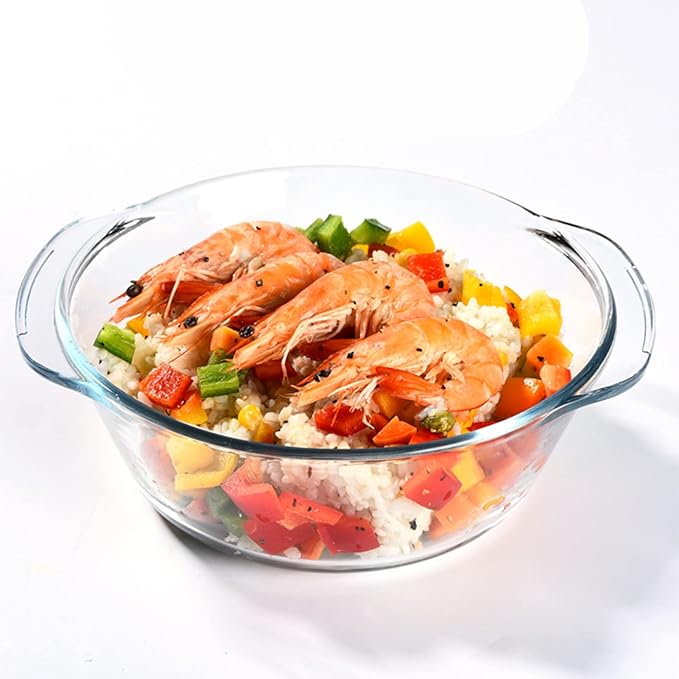 Casserole Baking Dish with 2 pcs, 1.5 QT large,Round with Handle and Lid, Tempered Glass, Oven Microwave Dishwasher freezer safe,Cookware Bowl,Clear