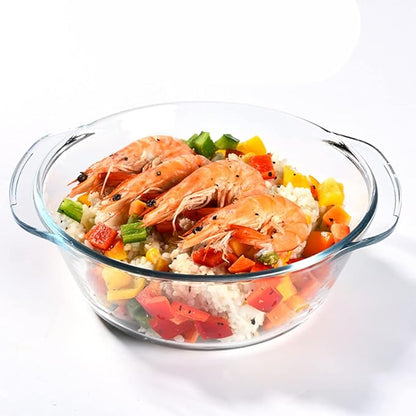 Casserole Baking Dish with 2 pcs, 1.5 QT large,Round with Handle and Lid, Tempered Glass, Oven Microwave Dishwasher freezer safe,Cookware Bowl,Clear