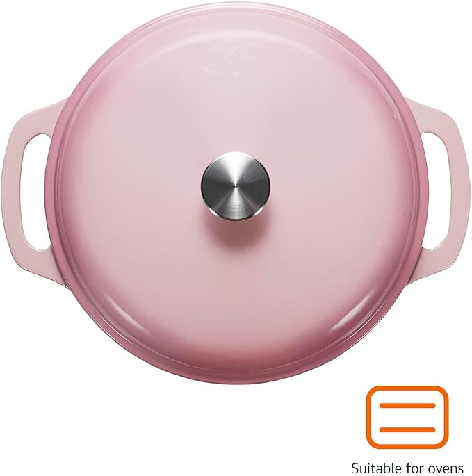 Amazon Basics Enameled Cast Iron Dutch Oven Pot with Lid, Round, Dual Handles, Heavy-Duty, Oven Safe for Stews, Roasting, Baking, 6-Quart, Light Pink - Image 2