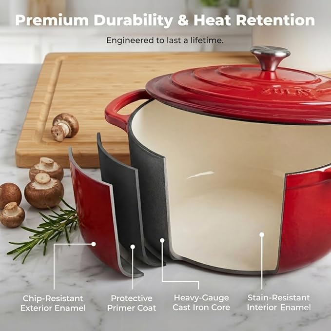 Zulay Kitchen 6.4QT Enameled Cast Iron Dutch Oven Pot with Lid, Heavy-Duty Soup Pot for Stews, Braising, Roasting & Sourdough Bread Baking, Oven Safe up to 500°F - Ablaze Red - Image 4