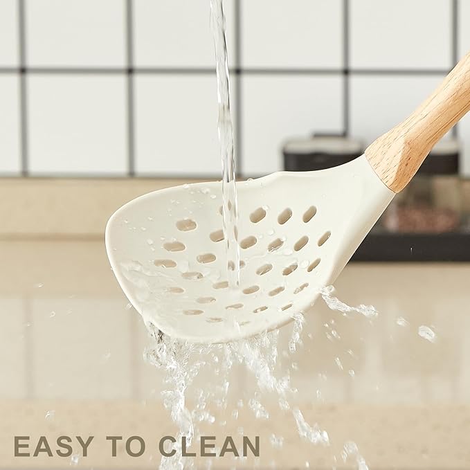 Kitchen Utensils Set - 7 PCS Non-Stick Silicone Cooking Utensils Set Spatula Set with Holder, Wooden Handle Spoon,Tongs,Whisk Kitchen Gadgets Tools Set for Nonstick Cookware (Cream White-7Max) - Image 4