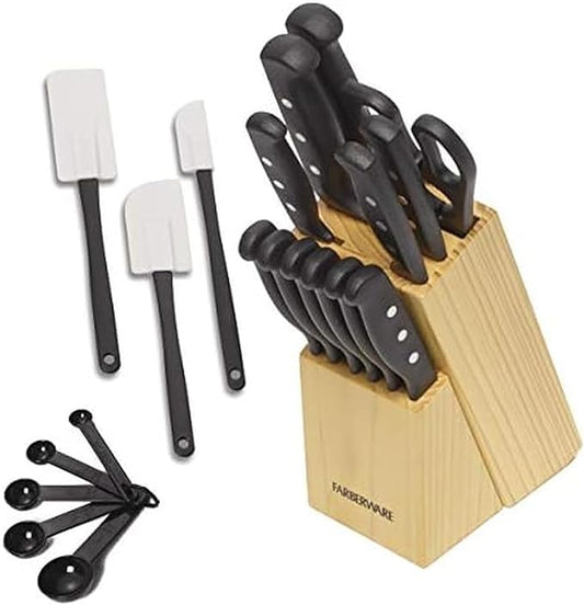 Farberware 22-Piece Never Needs Sharpening Triple Rivet High-Carbon Stainless Steel Knife Block and Kitchen Tool Set, Black, Durable AND Precision Cutlery by Farberware