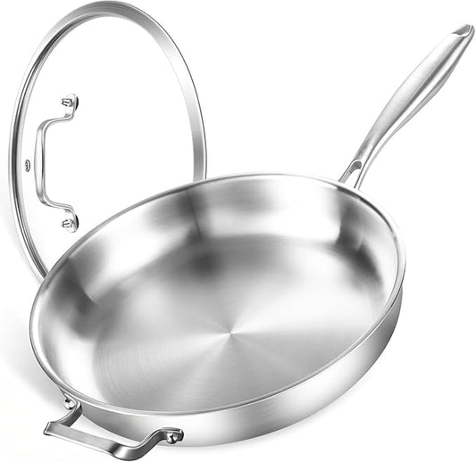 DELARLO Stainless Steel Pan 14-Inch, Large Frying Pan with Lid, Heavy Duty, Compatible with Induction, Gas and Electric up to 650℉, Fast & Even Heating, Dishwasher, Oven Safe Skillet, PTFE & PFOA Free