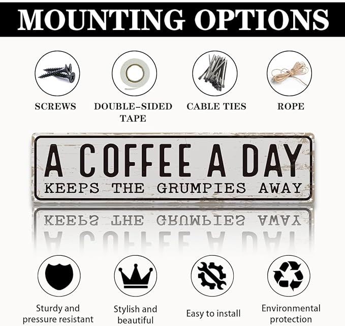 Coffee Signs Decor, A Coffee A Day Keeps the Grum Pies Away Sign, Farmhouse Wall Decor for Home, Vintage Bar or Dorm, Retro Metal Tin Sign, Decorative Metal Wall Signs 15.8x4 Inches - Image 3