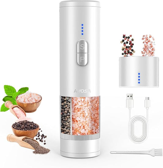 Electric Salt and Pepper Grinder Set, 2 in 1 Dual Bins USB Rechargeable Refillable Automatic Salt and Pepper Mill Shaker with LED Light, Dual Ceramic Grinder Adjustable Coarseness, kitchen gift, white by AMOSA