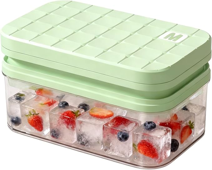 Silicone Ice Cube Trays with Lid and Bin - BPA-Free, Stackable, Release for Easy Ice Making, Portable with Handle, Perfect for Cocktails and Iced Coffee (Dopamine Color)