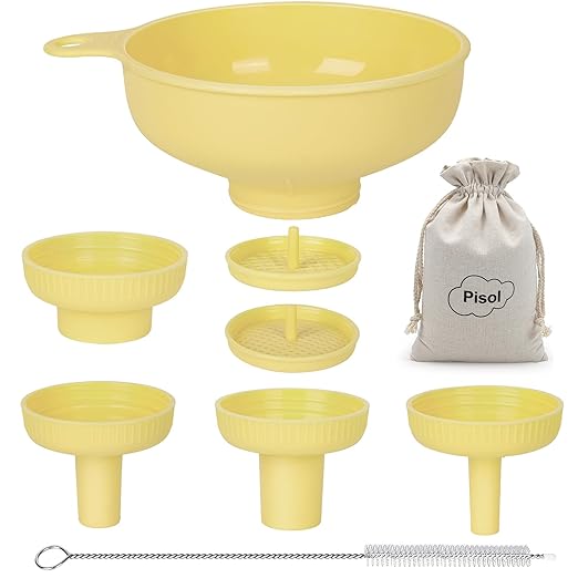 Wide Mouth Versatile Funnel, Canning Funnels for Kitchen Use, Food Grade Plastic Cooking Funnel Set with 4 Size Spouts and 2 Strainers for Filling Different Bottles and Bags, Yellow